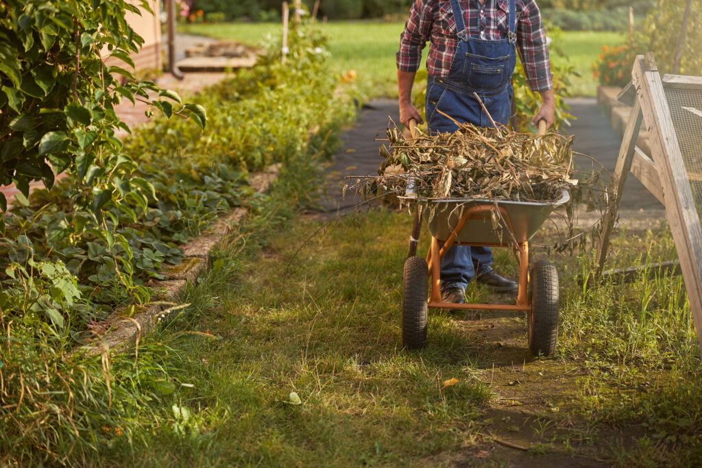 Cropped photo of a gardener pushing a cart full of dry weeds down a garden path